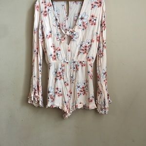 Floral Ruffle Hem Blush Double Bell Sleeve Romper!